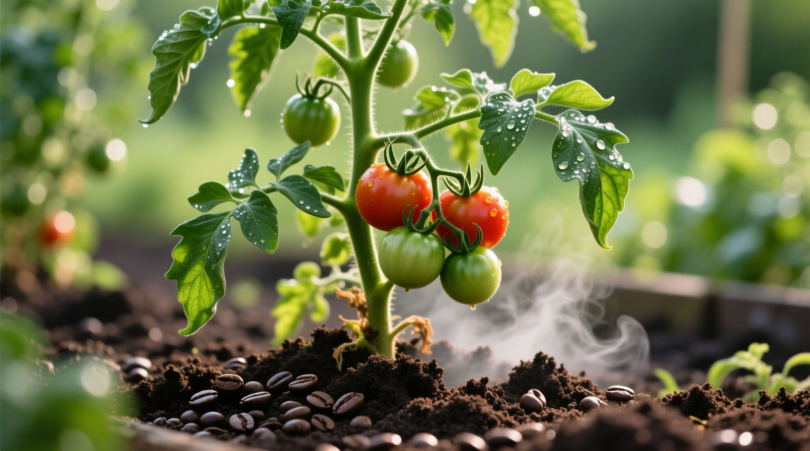 Healthy tomato plant with coffee grounds applied to soil