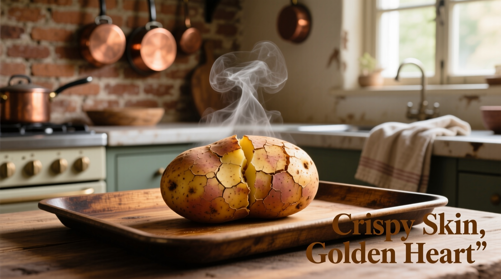 Russet potato baking in oven with crispy skin