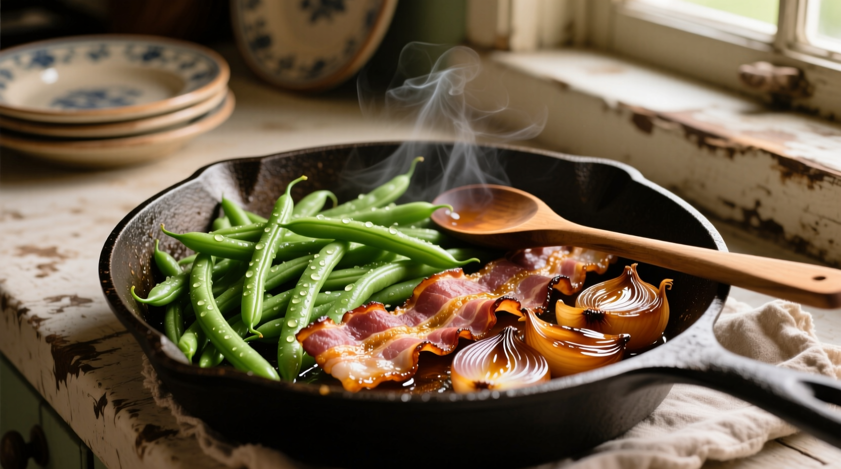 Crisp green beans with bacon and caramelized onions