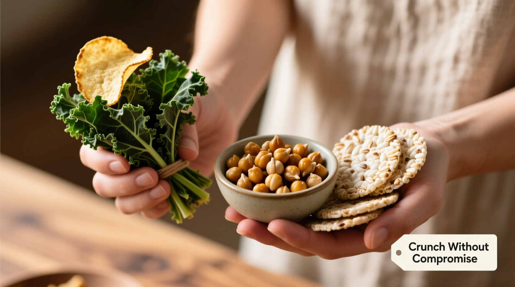 Close-up of hands holding healthy snack alternatives to potato chips