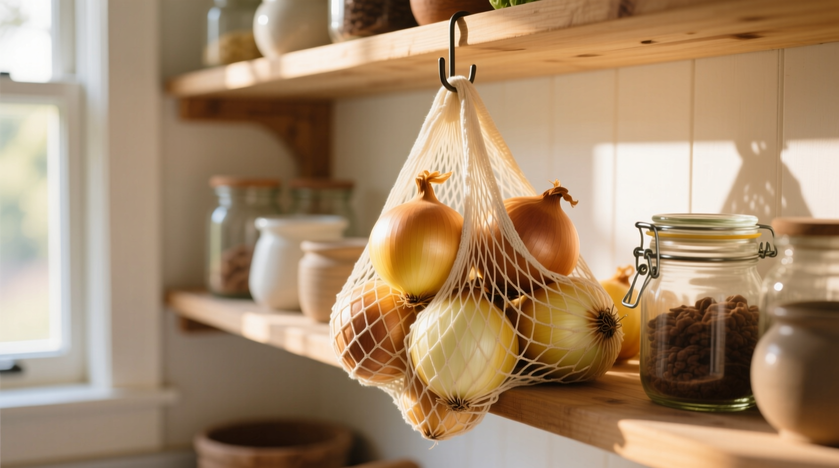 Fresh yellow onions in mesh bag with proper pantry storage