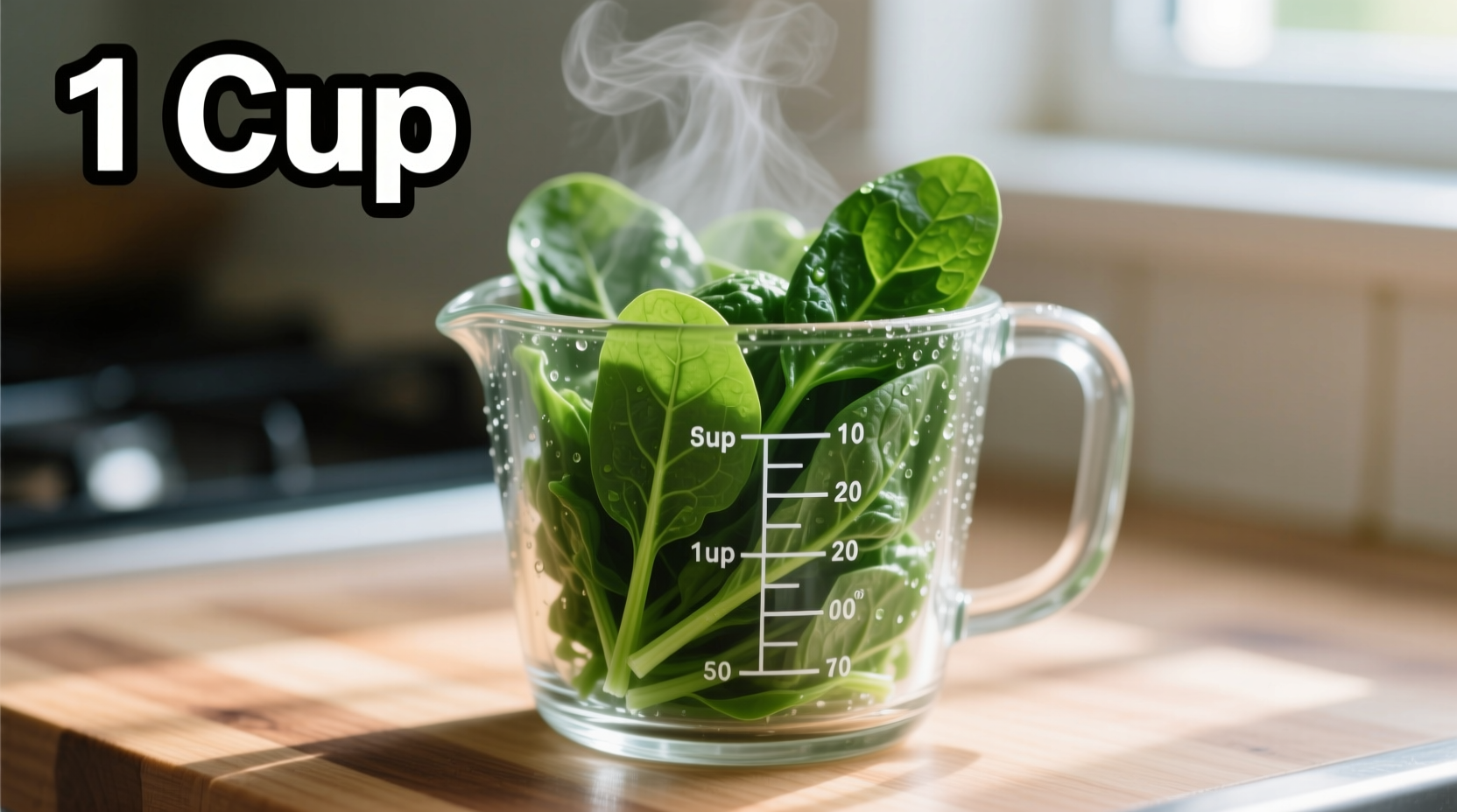 Measuring cooked spinach in a clear glass measuring cup
