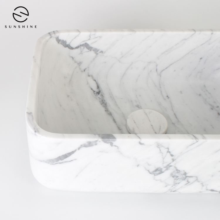 Italian Bianco Carrara White Marble Stone Top Mounted Bathroom Wash Basin