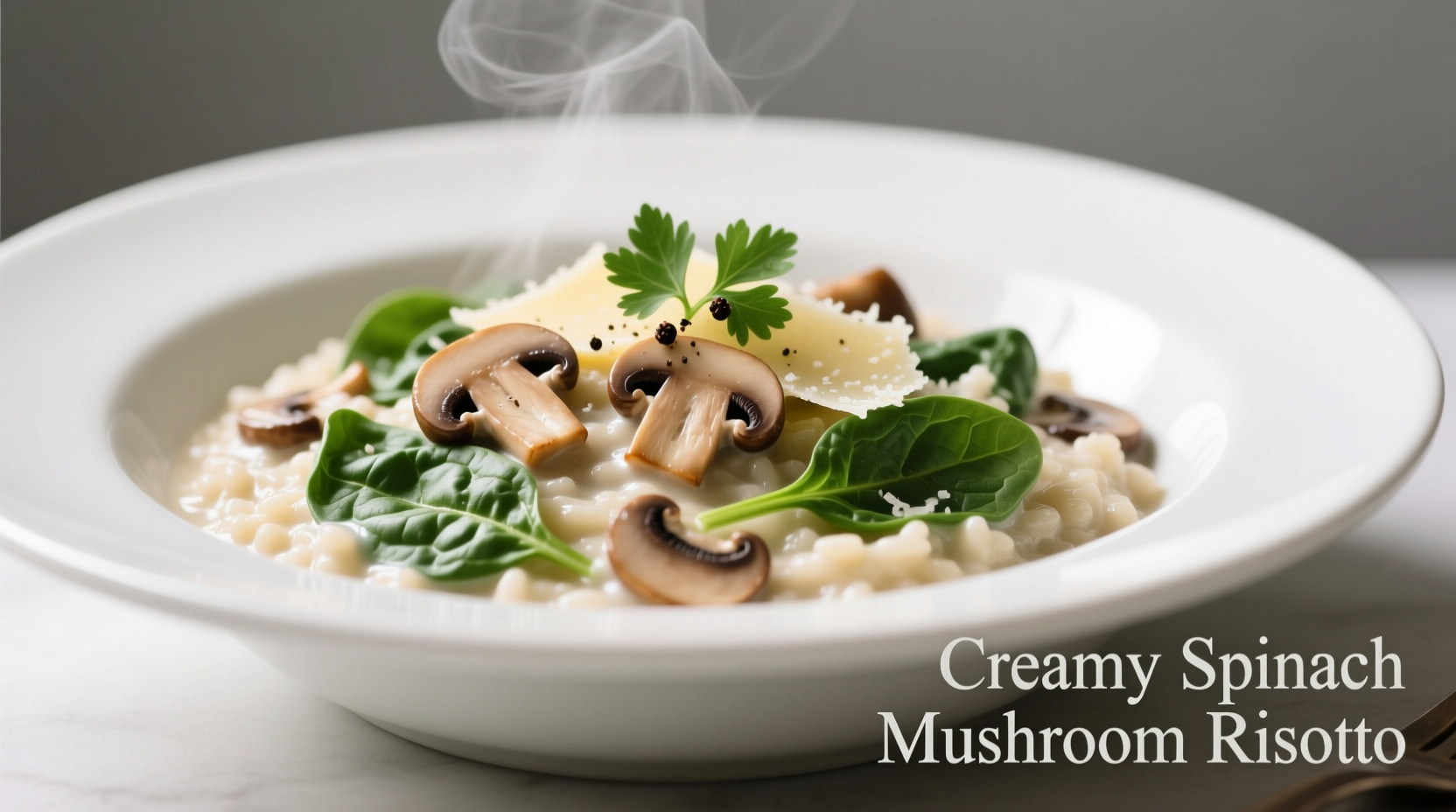 Creamy spinach mushroom recipe in white bowl