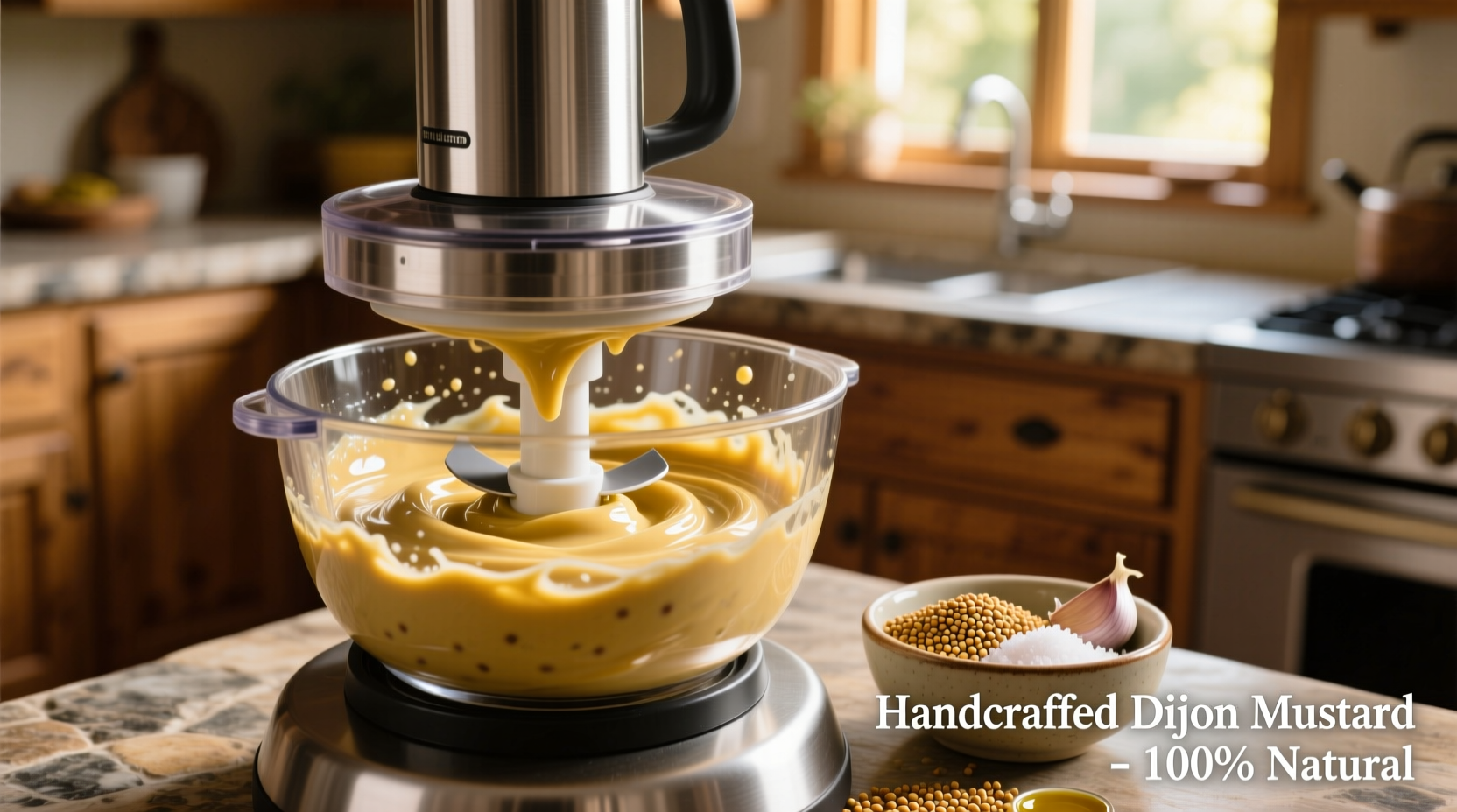 Blending homemade Dijon mustard in food processor