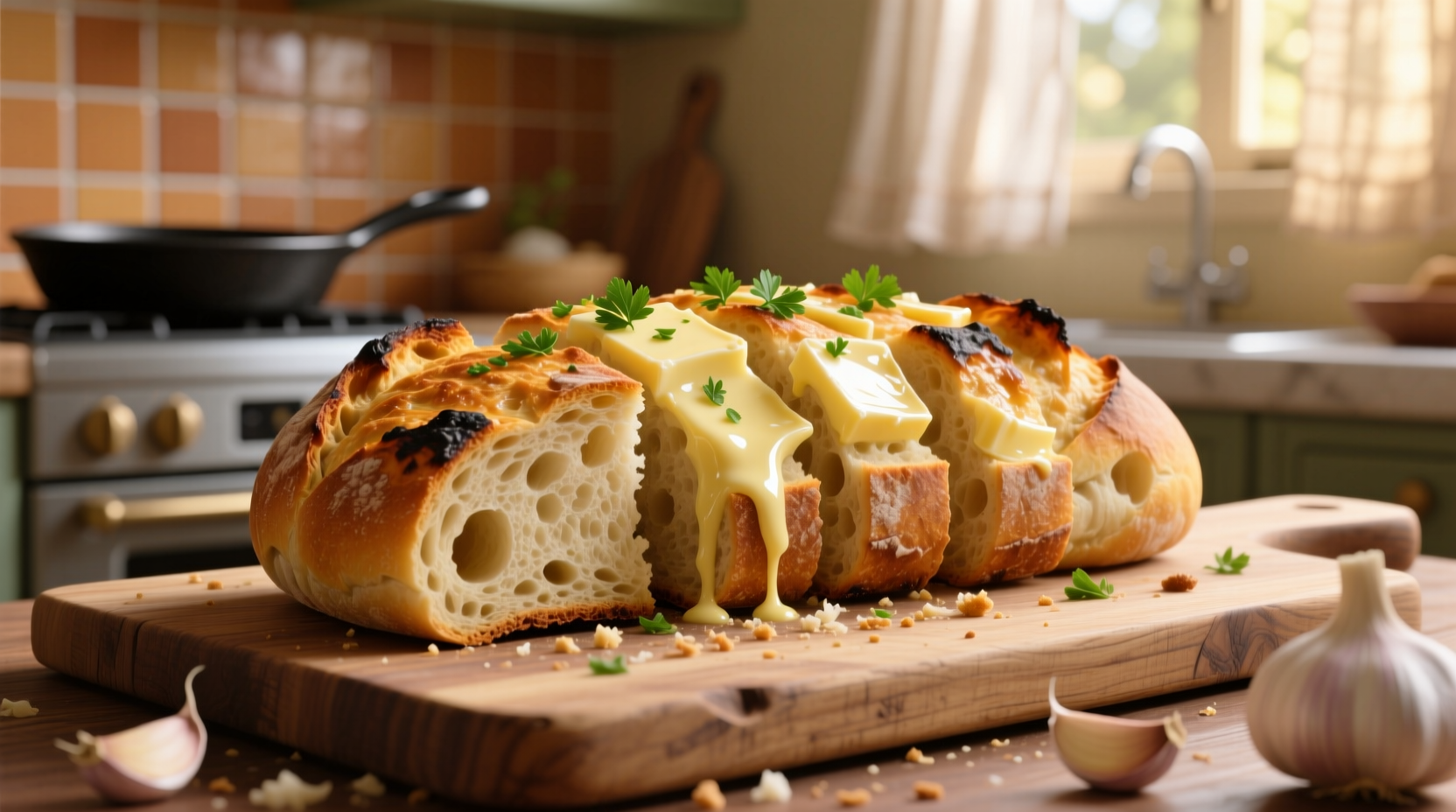 Homemade garlic bread with golden crust and melted butter