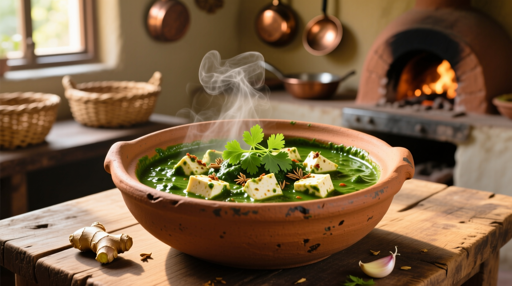 Homemade palak paneer in traditional clay pot