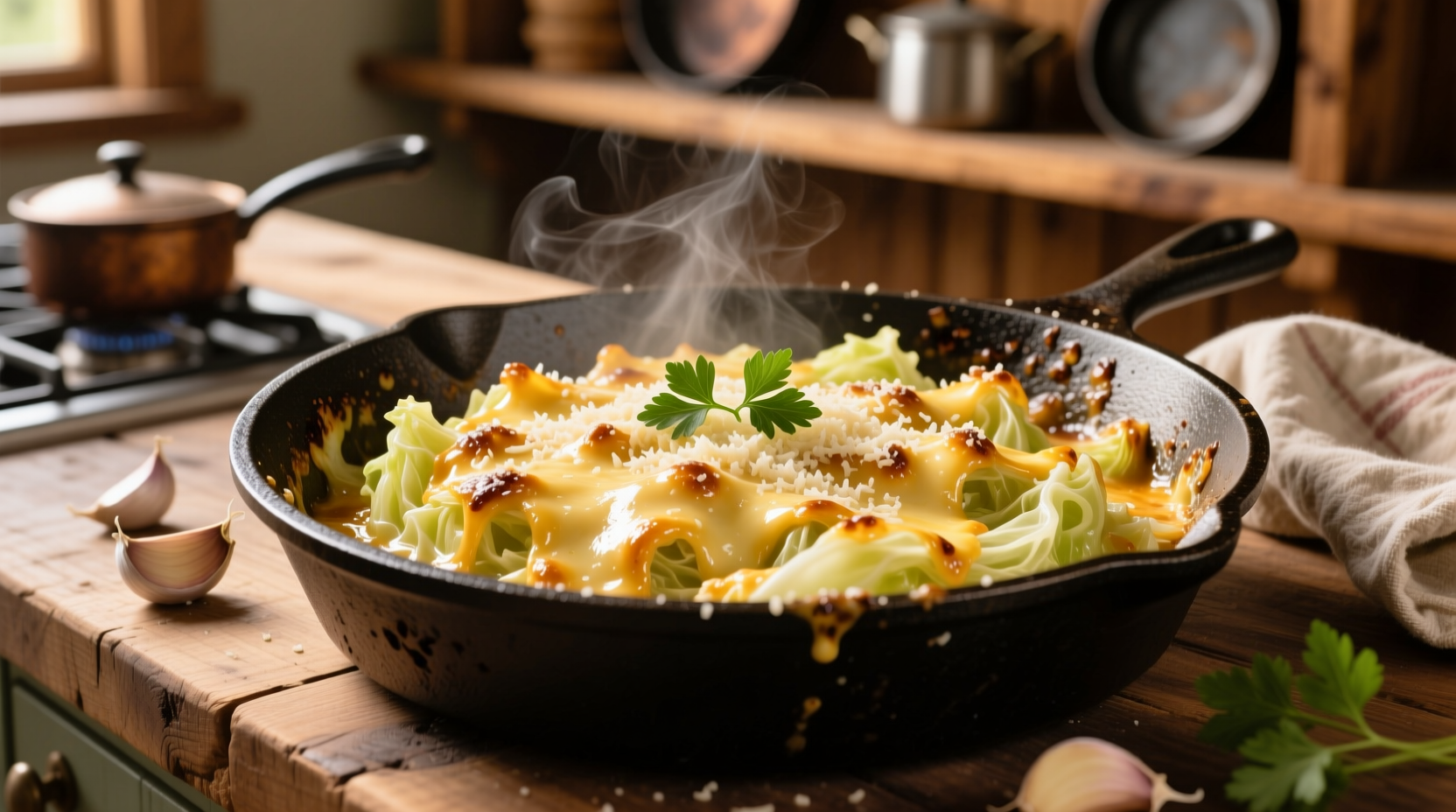 Golden garlic parmesan melting cabbage in cast iron skillet