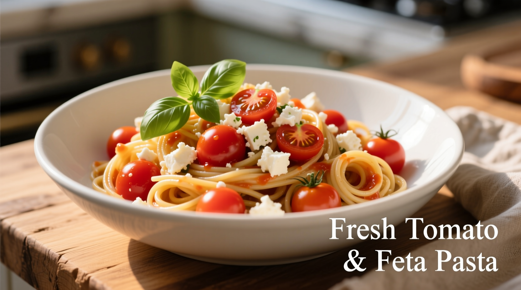 Fresh tomato and feta pasta in white bowl