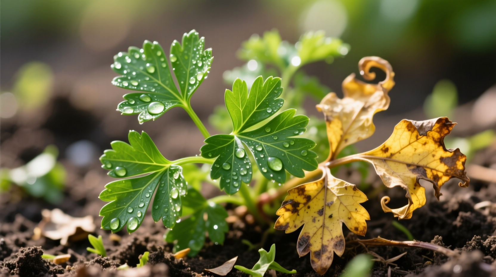 Close-up of healthy green parsley next to yellowing parsley leaves