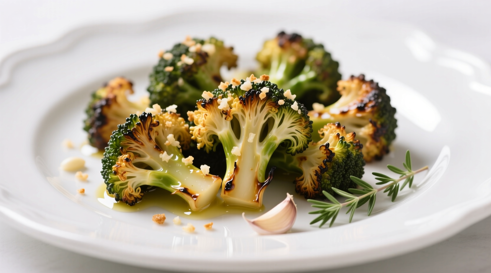 Crispy garlic roasted broccoli on white plate