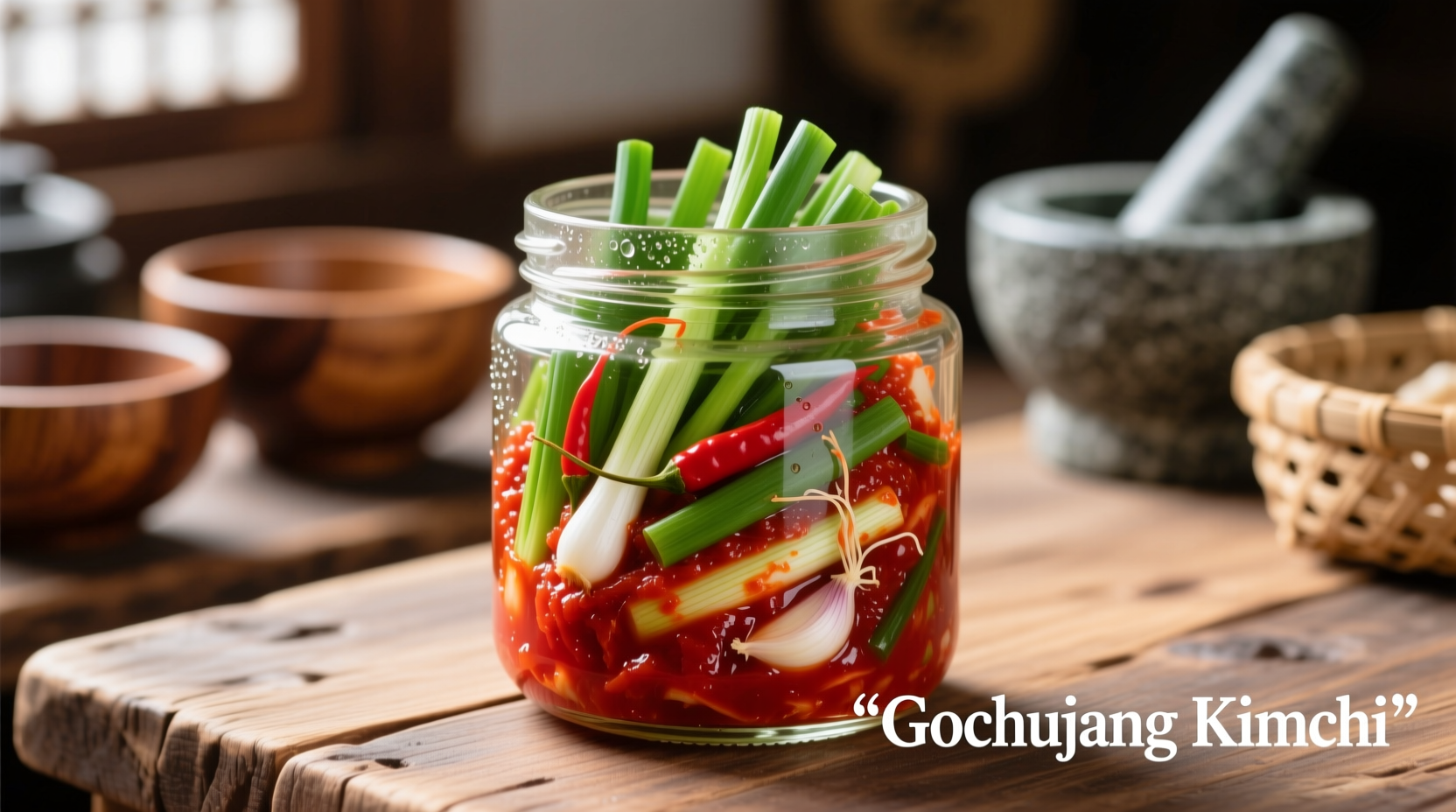 Fresh green onion kimchi in glass jar with vibrant red paste