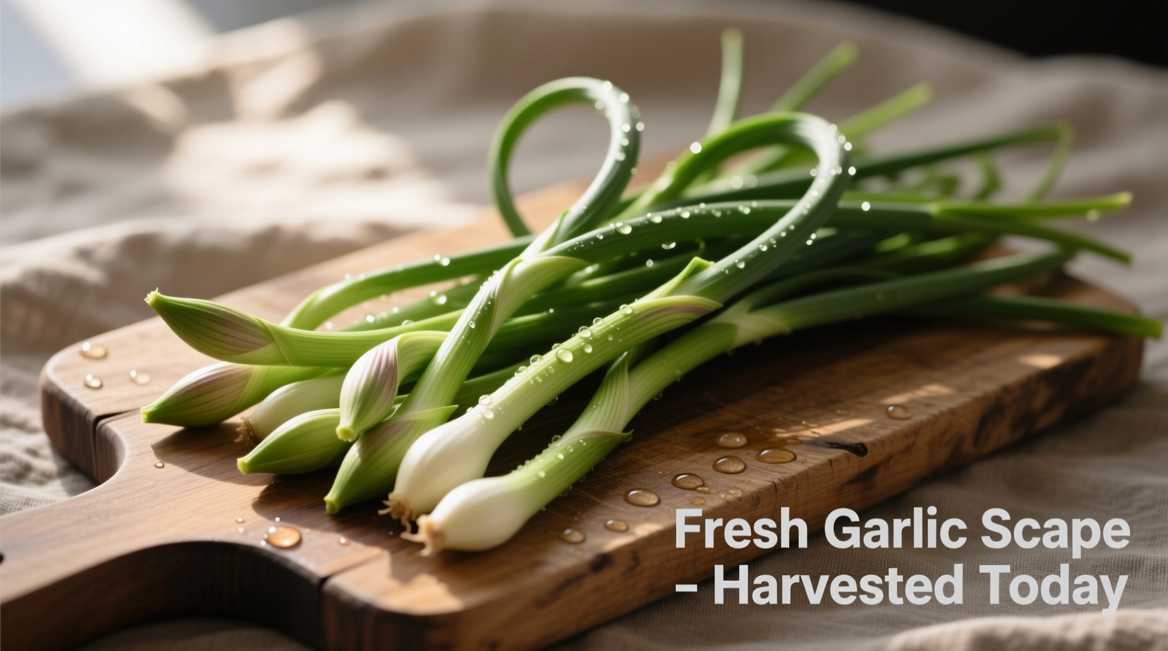 Freshly harvested garlic scapes on wooden cutting board