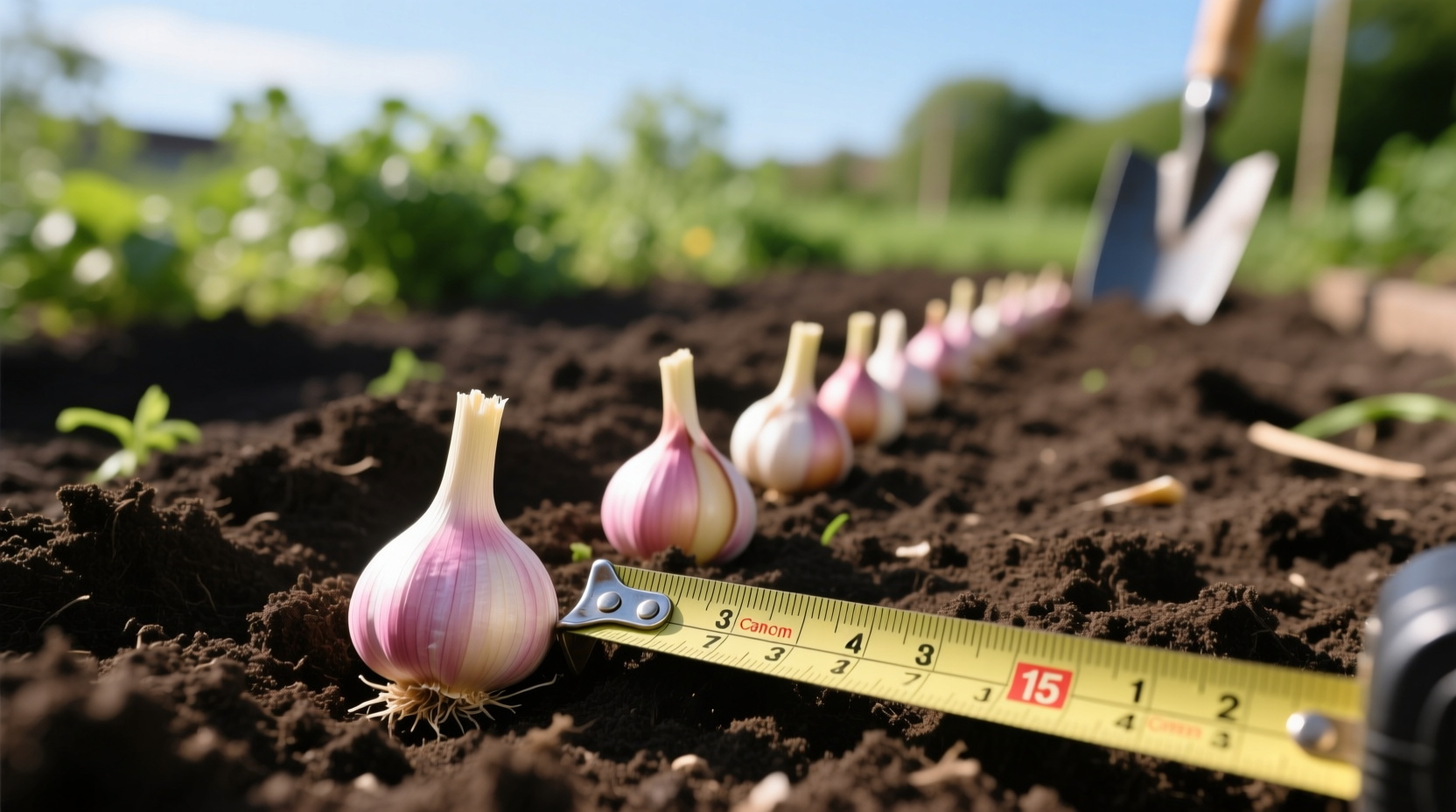Garlic cloves planted in garden soil with measuring tape