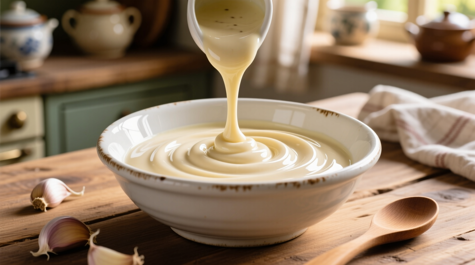 Creamy garlic sauce in white ceramic bowl