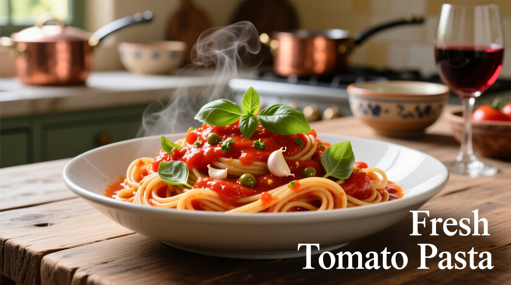 Fresh tomato pasta with basil garnish
