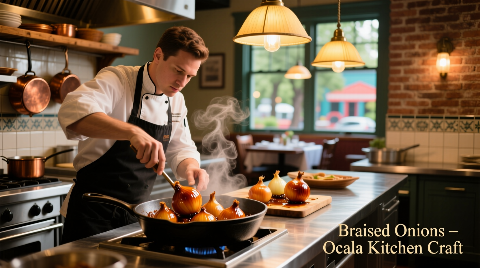 Chef preparing braised onions in Ocala restaurant