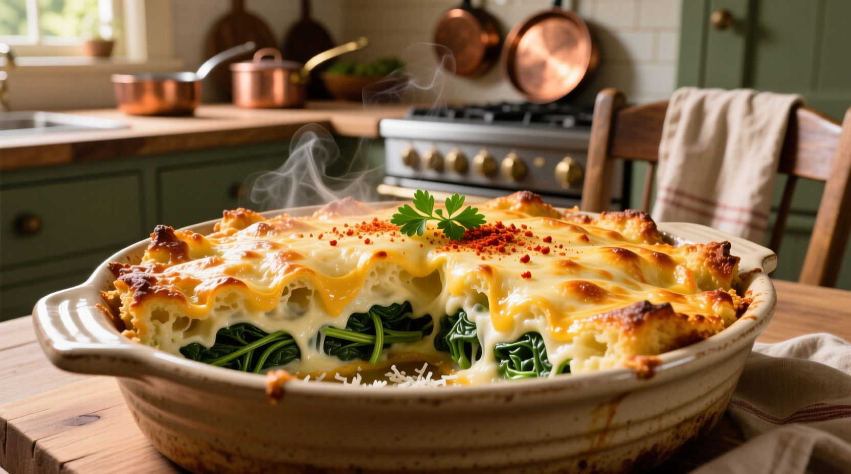 Golden baked spinach Madeline casserole with cheese crust