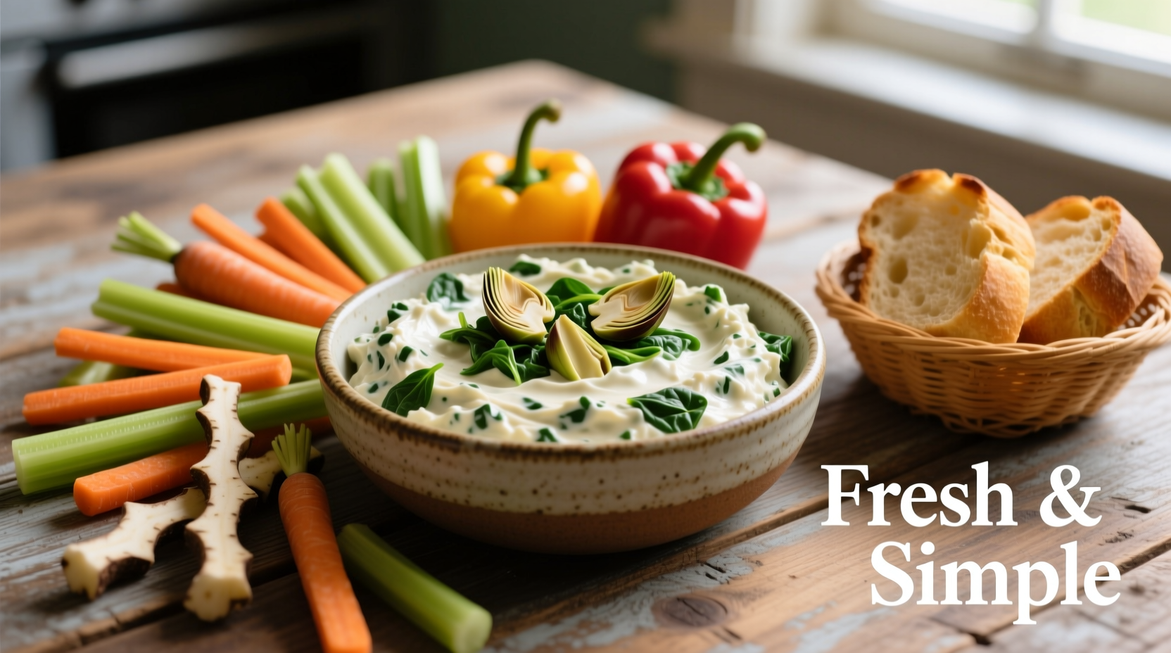 Artichoke spinach dip surrounded by fresh vegetable sticks and artisan bread