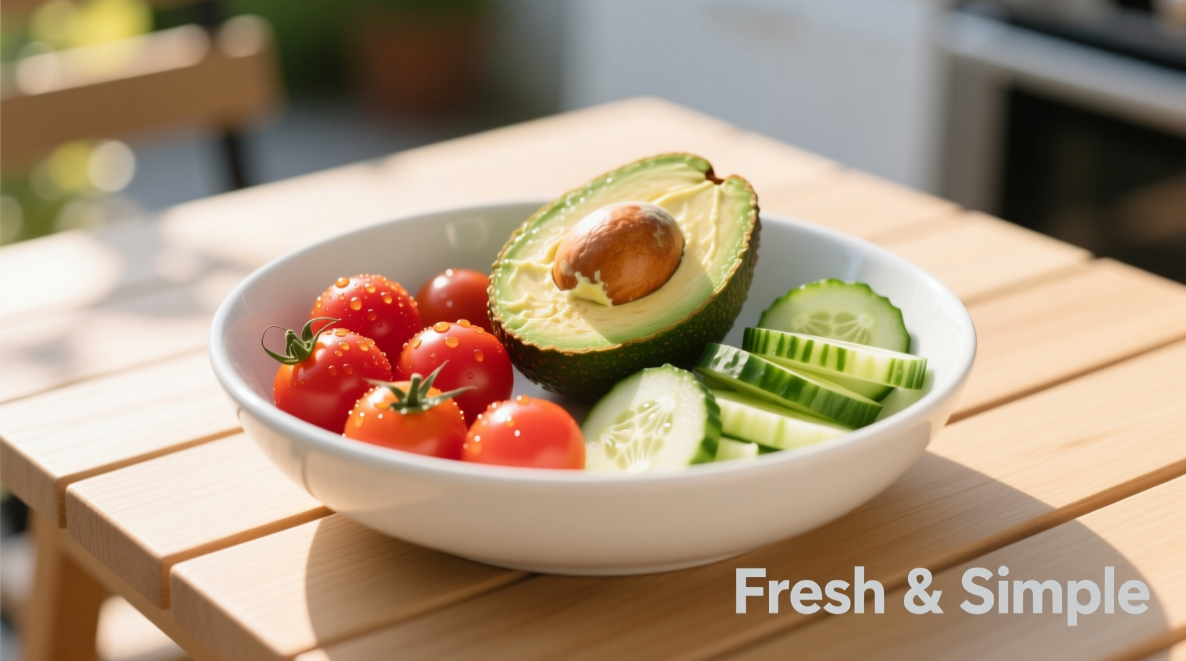 Fresh avocado tomato cucumber salad in white bowl