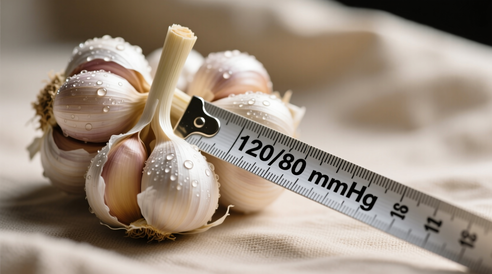 Fresh garlic cloves with measuring tape showing blood pressure
