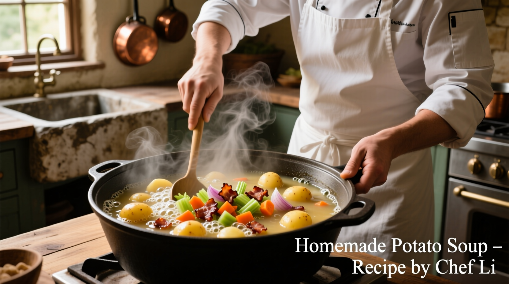 Chef preparing hearty potato soup with bacon and vegetables
