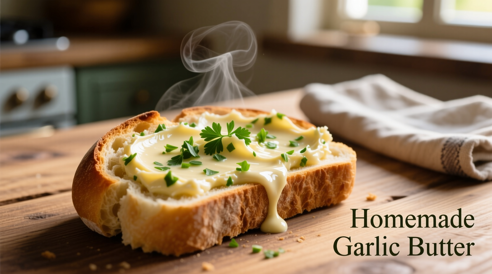 Homemade garlic butter spread on warm bread
