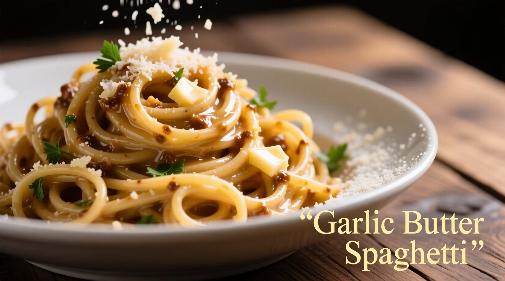 Silky garlic butter sauce coating spaghetti