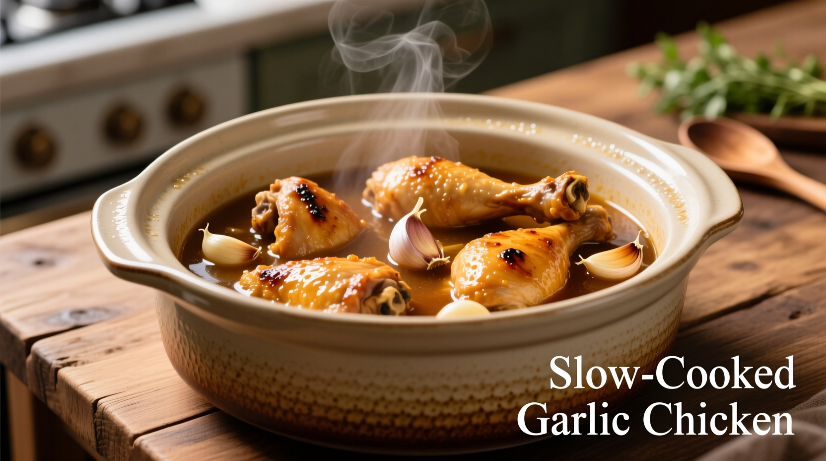 Slow cooker filled with golden chicken thighs and garlic