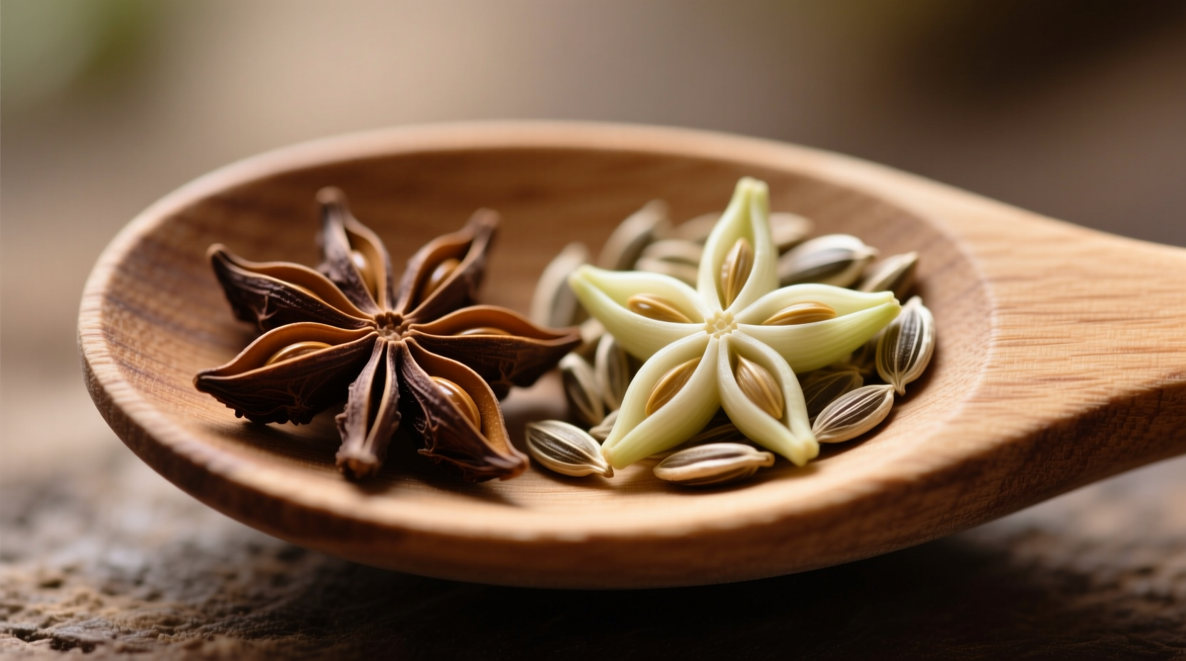 Close-up comparison of anise and fennel seeds on wooden spoon