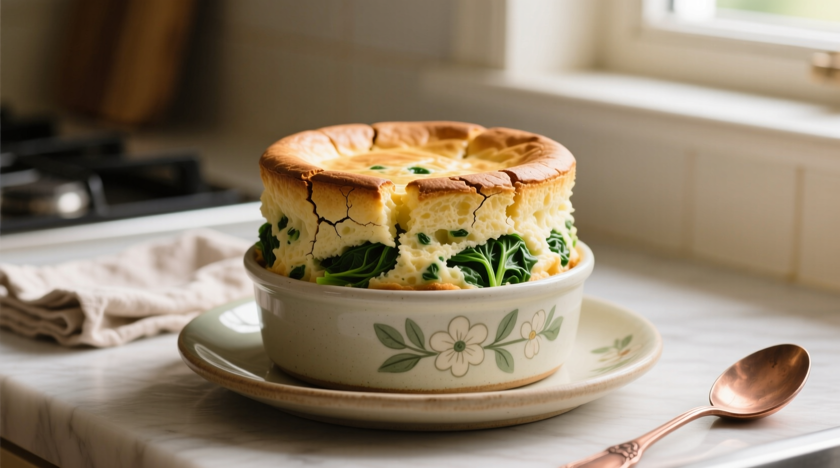 Perfectly risen spinach soufflé in ceramic dish