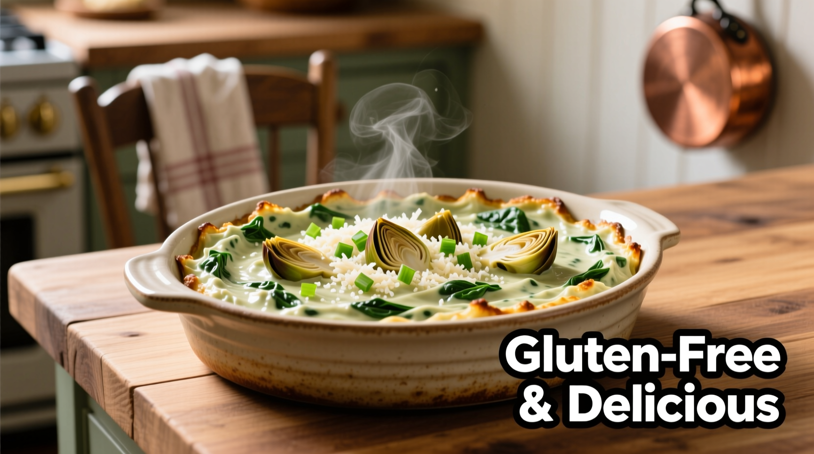 Creamy gluten free spinach artichoke dip in baking dish