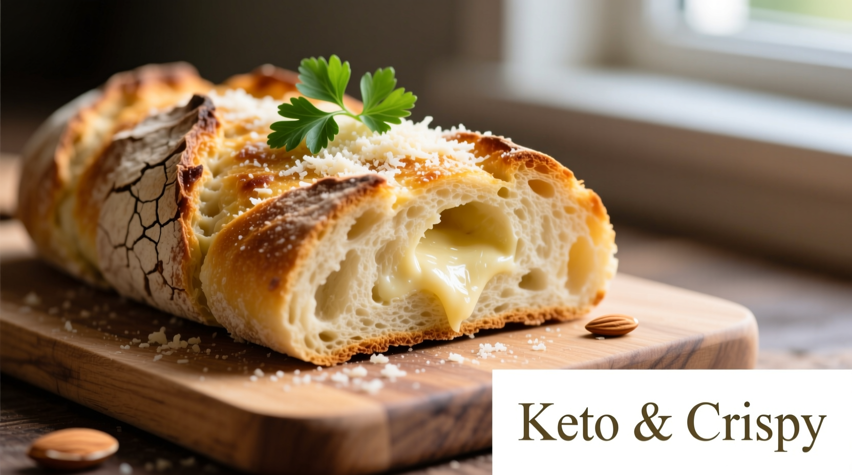 Keto garlic bread sliced showing crispy crust and soft interior