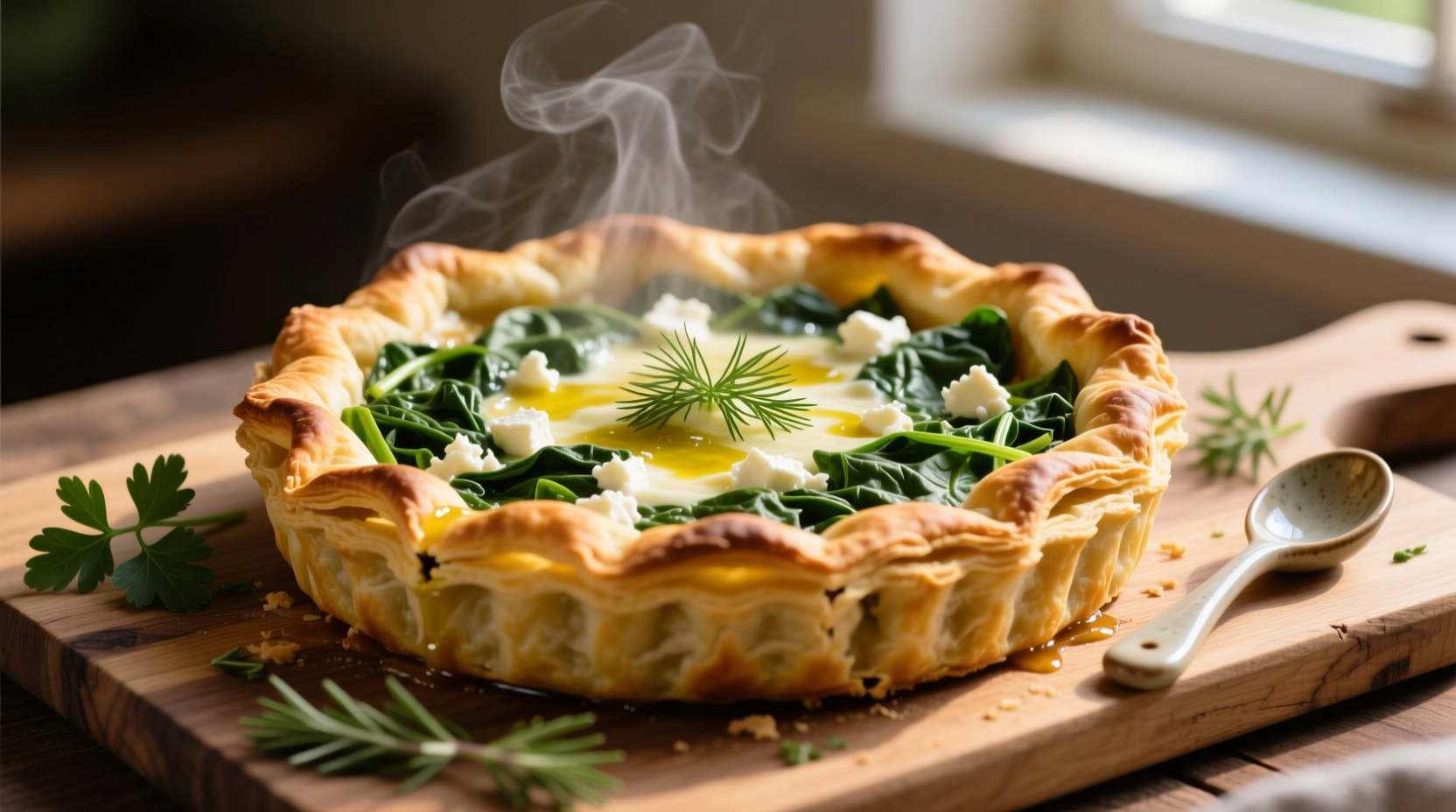 Golden Greek spinach pie fresh from oven