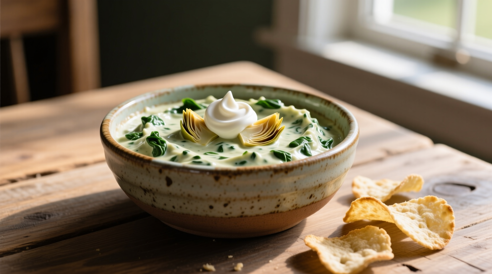 Creamy spinach artichoke dip in ceramic bowl