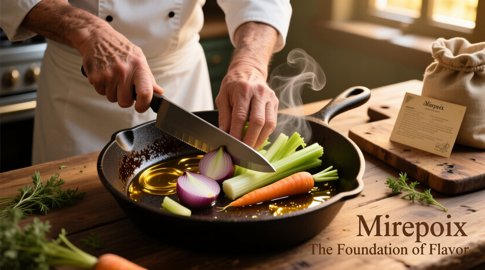Chef preparing mirepoix in cast iron skillet