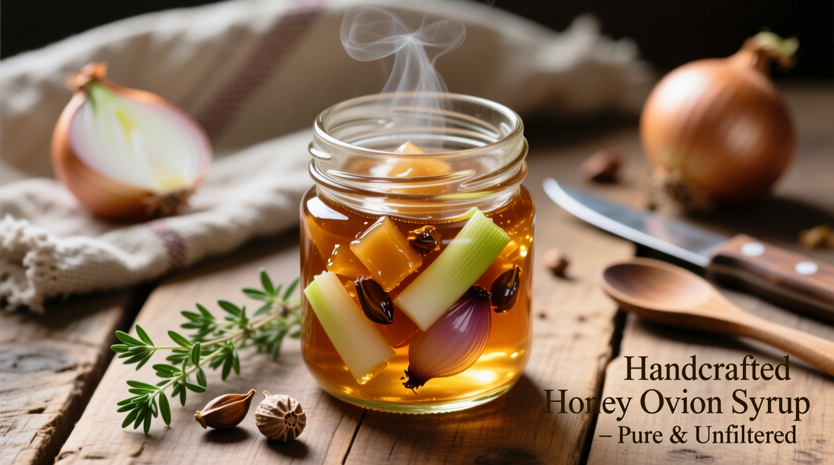 Honey onion syrup in glass jar with fresh ingredients