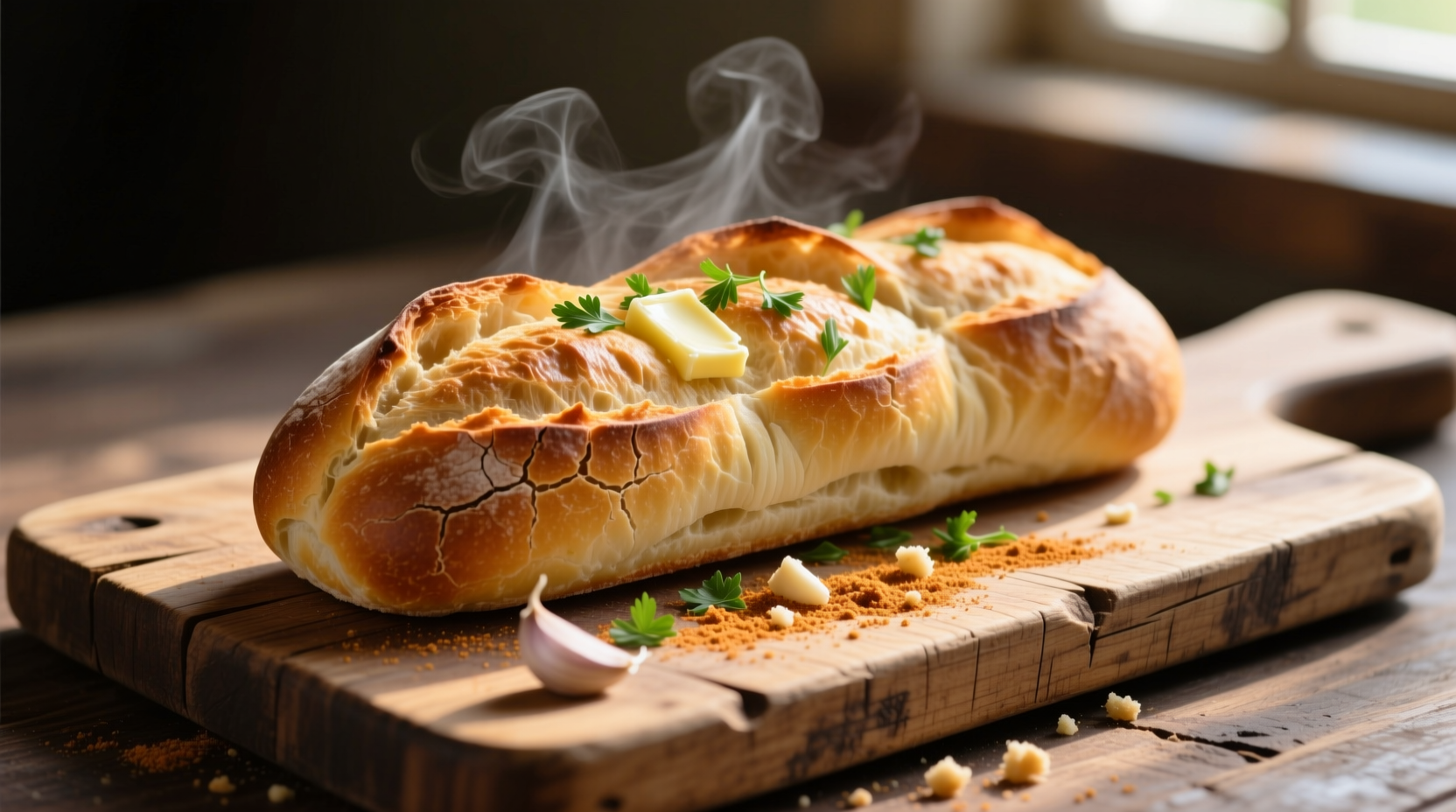 Freshly baked garlic bread on wooden cutting board