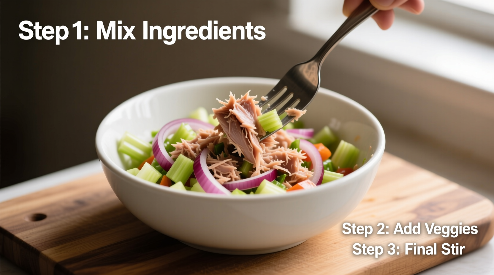 Step-by-step tuna salad preparation with fork mixing