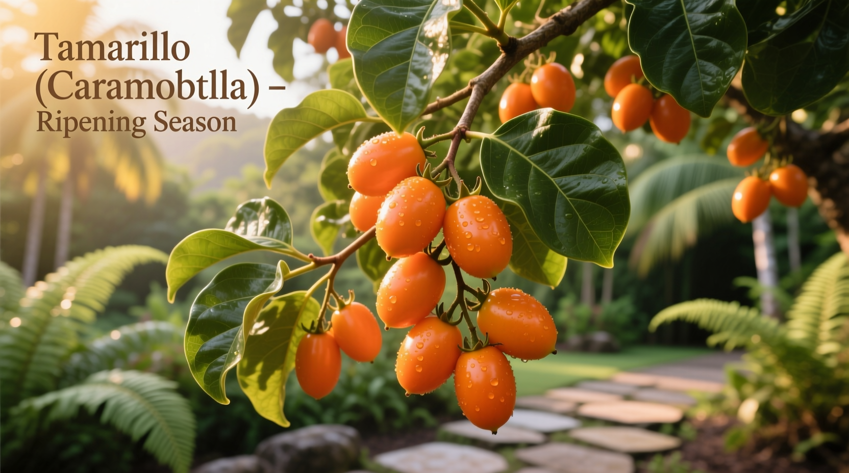Tamarillo tree with ripe orange fruits