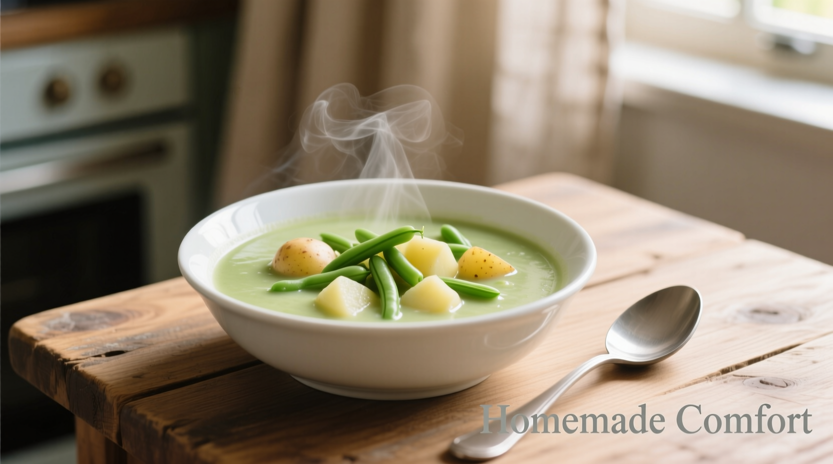 Creamy green bean potato soup in white bowl