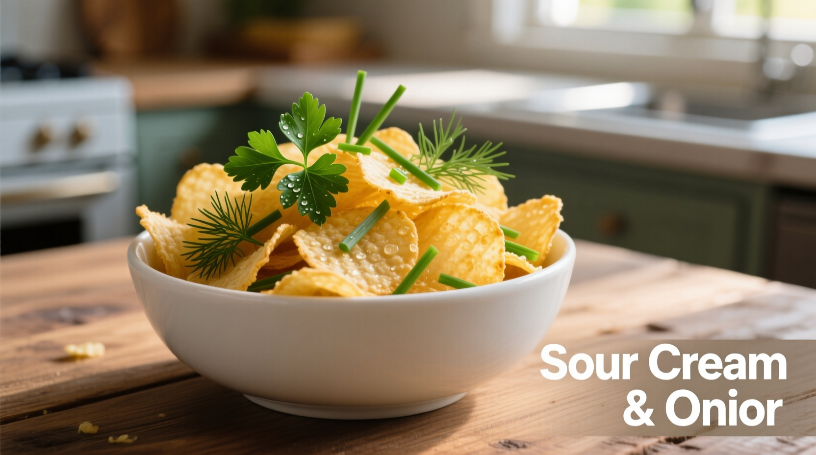 Lays Sour Cream and Onion chips in a bowl with fresh herbs