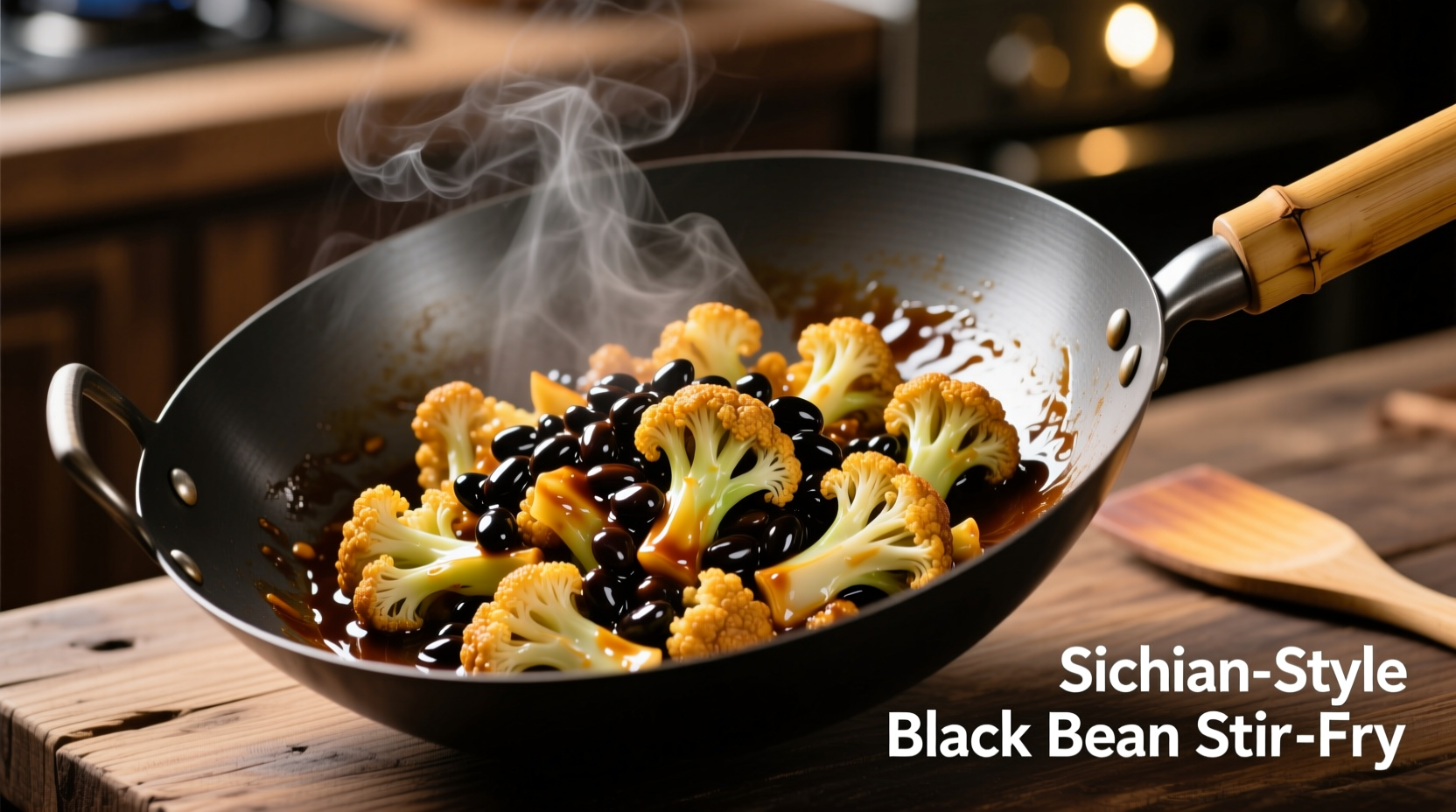 Stir-fried cauliflower with black bean sauce in wok