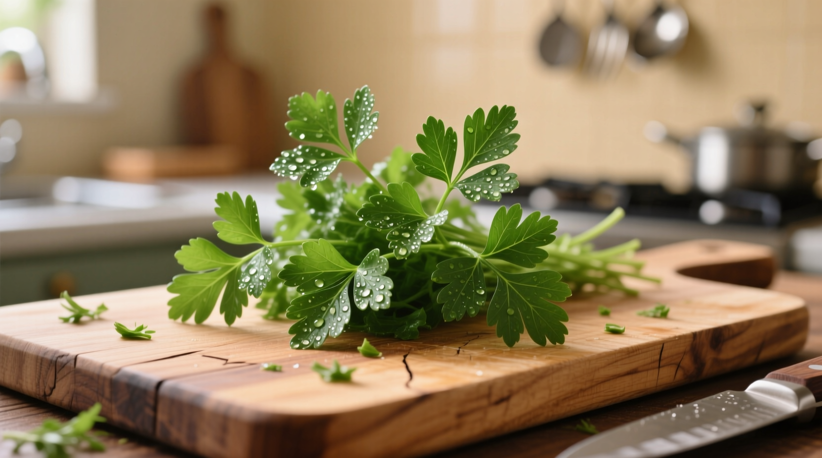 Fresh flat-leaf parsley sprigs on cutting board