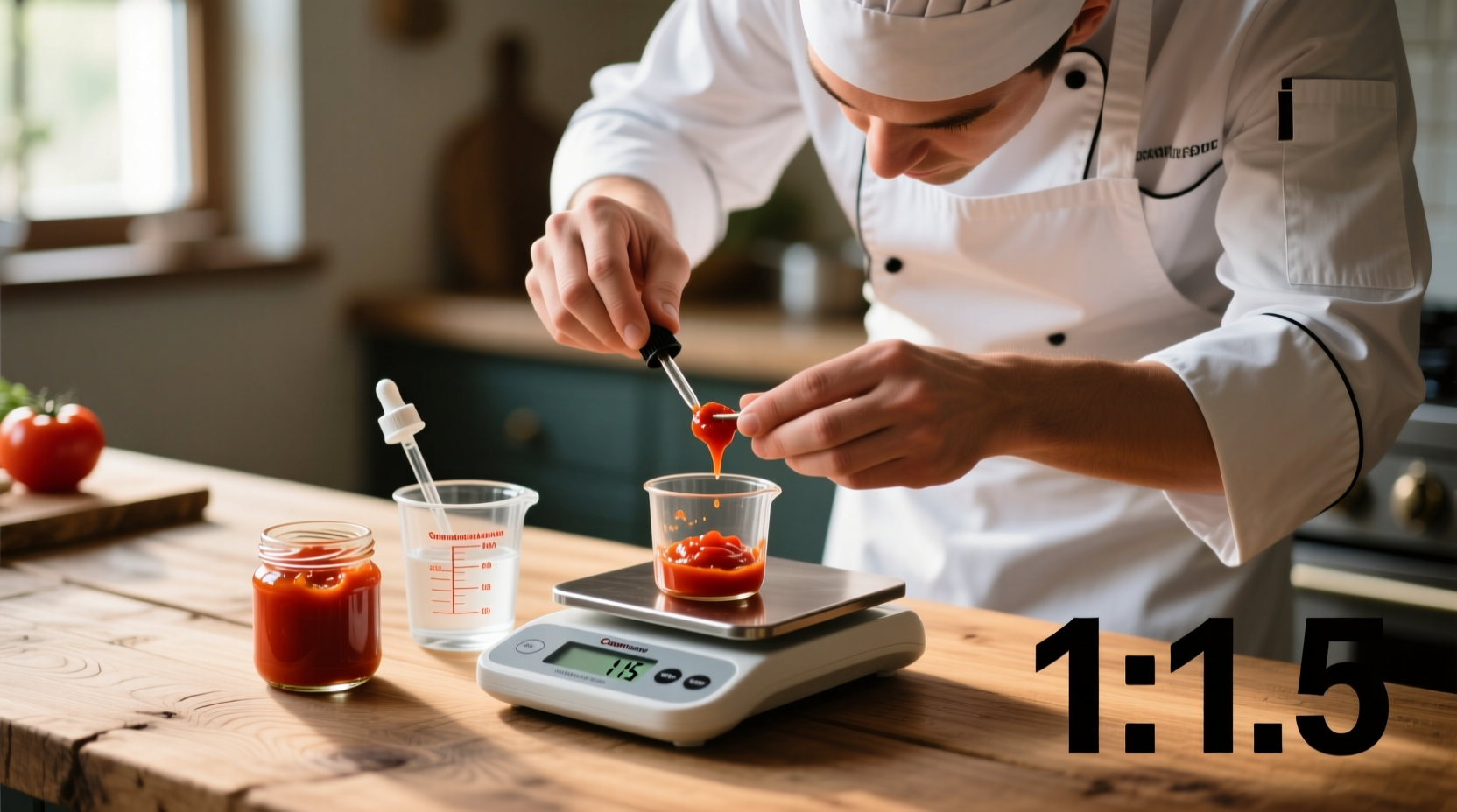 Chef measuring tomato paste substitution ratio