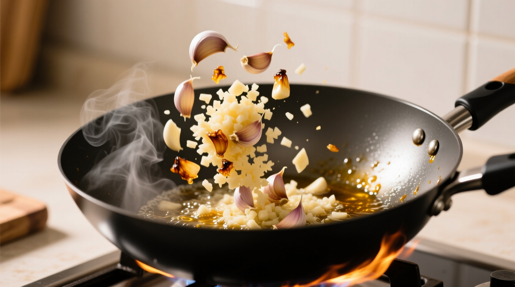 Chef adding minced garlic to sizzling stir-fry in wok, demonstrating heat activation