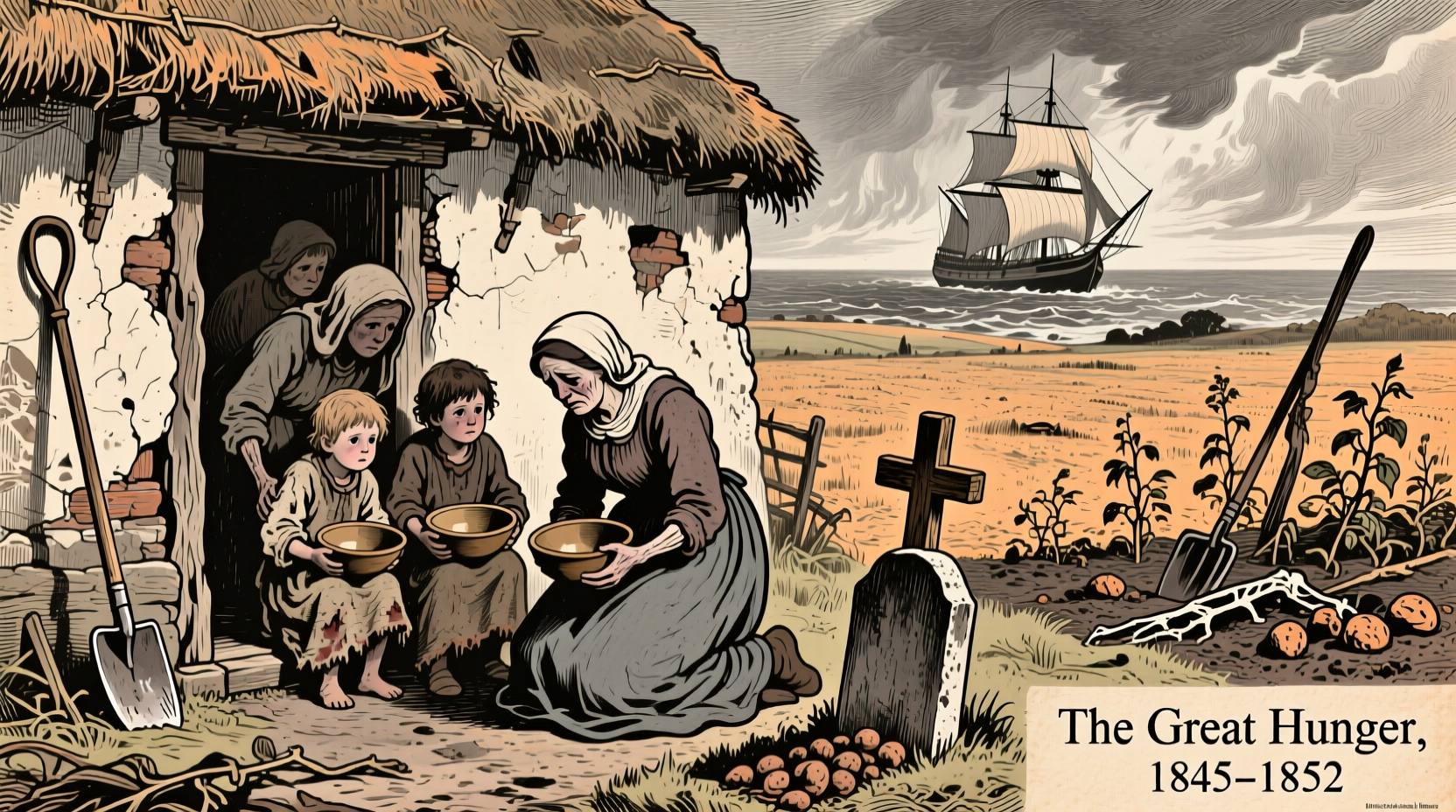 Historical illustration of Irish famine conditions