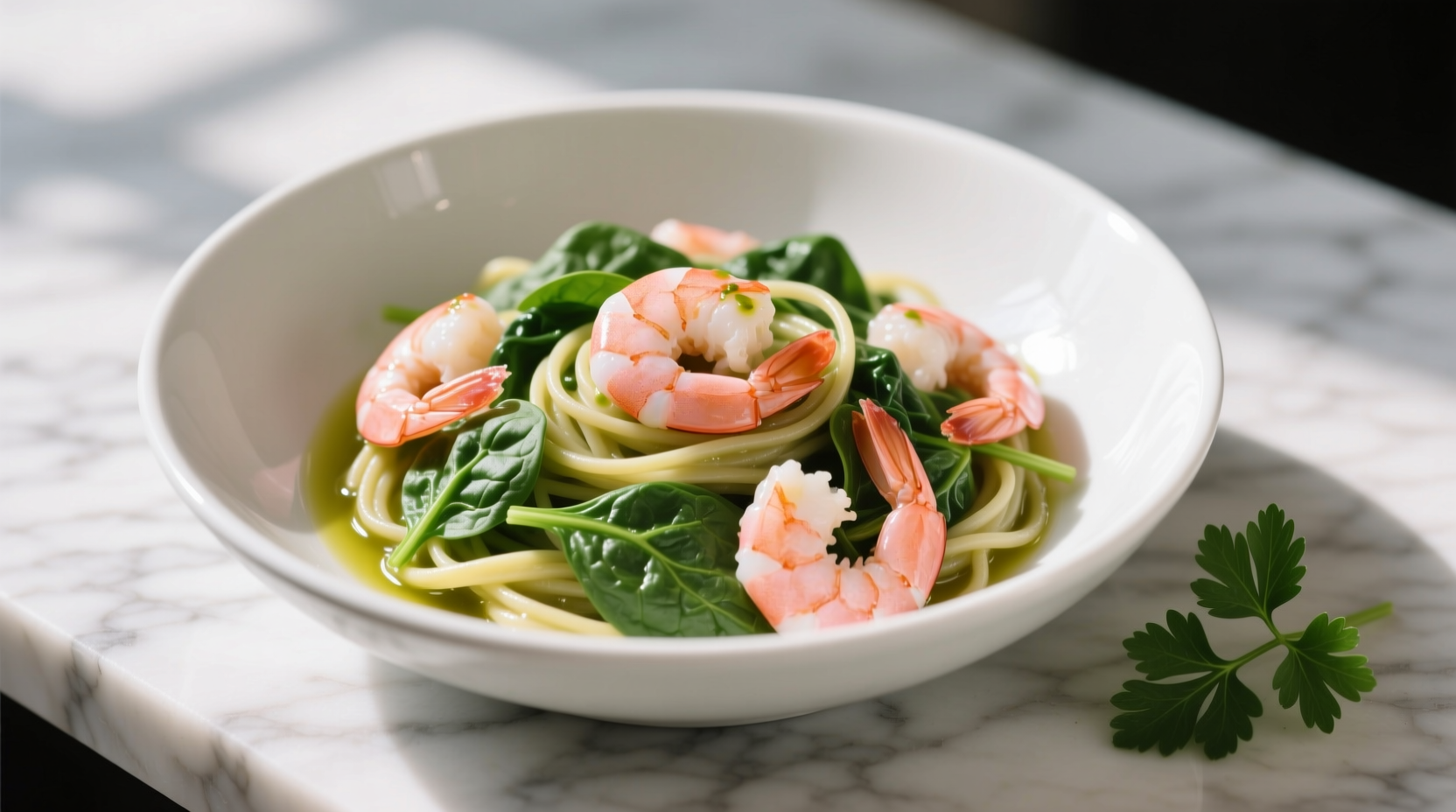 Fresh shrimp and spinach pasta in white bowl