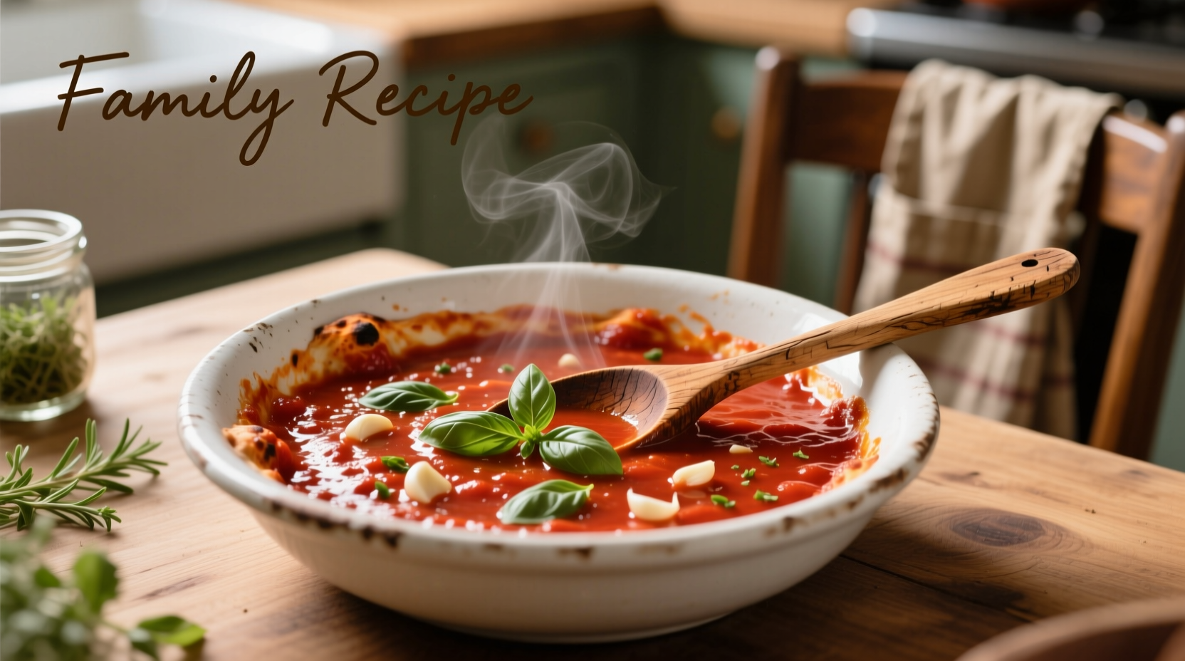 Homemade pizza sauce in white bowl with wooden spoon