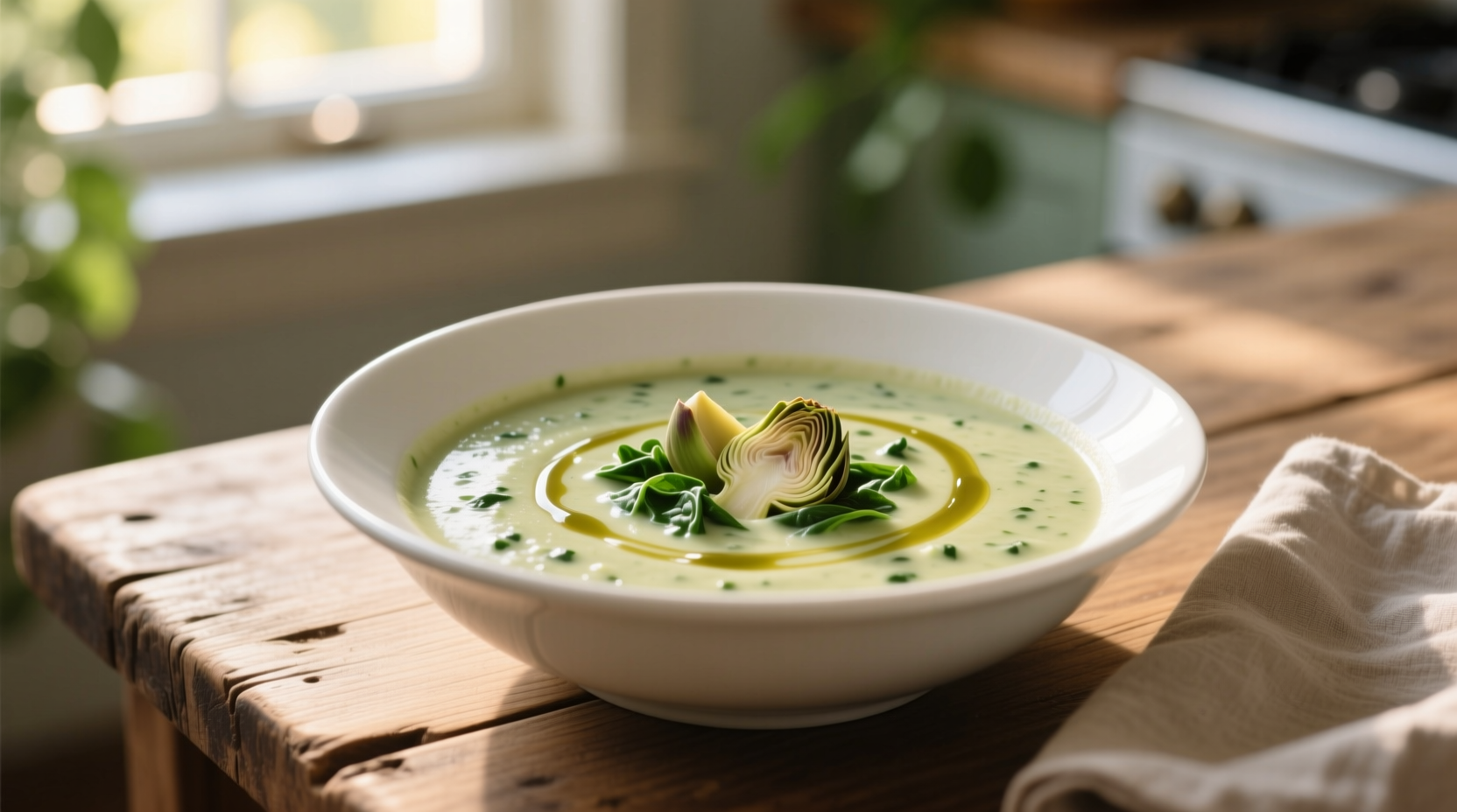 Creamy spinach and artichoke soup in white bowl